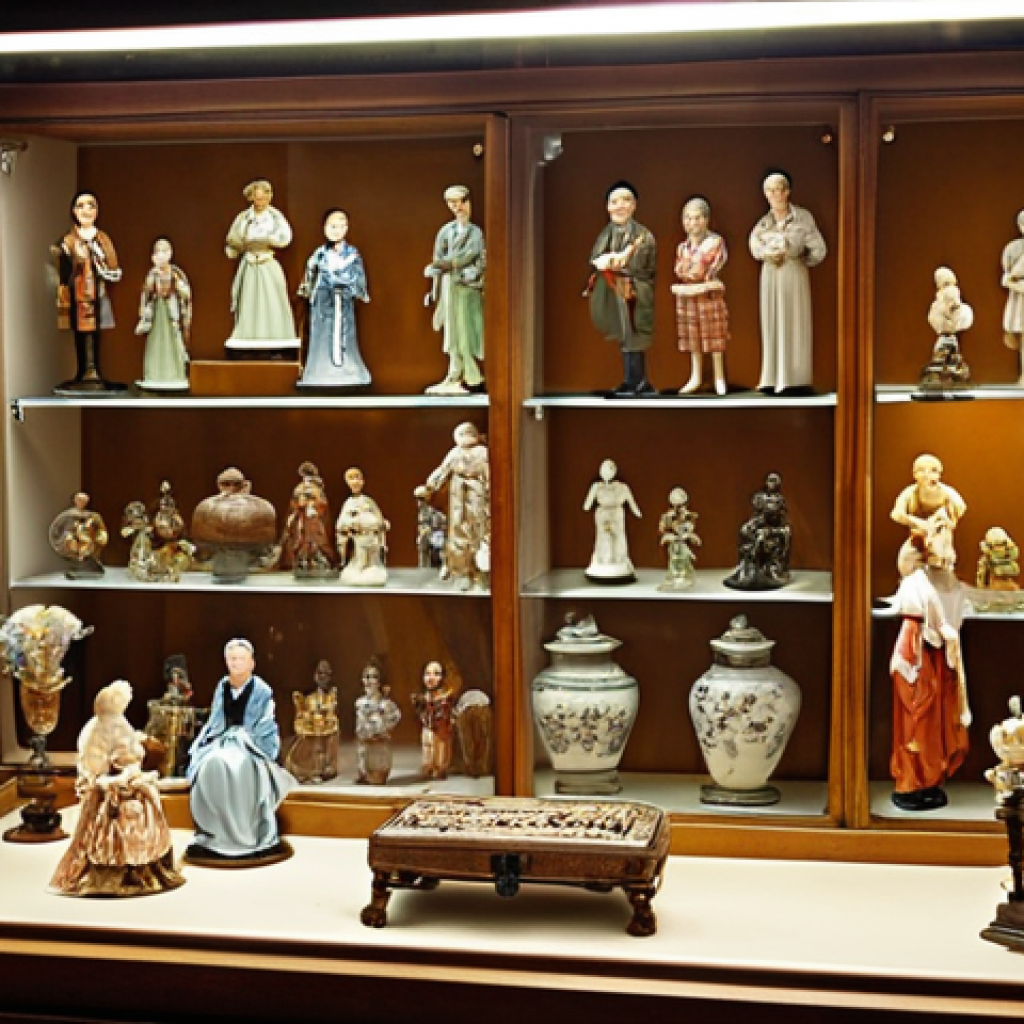 **A beautifully lit glass display case filled with meticulously preserved antique figurines. Focus on details like the materials (porcelain, wood, plastic) and the soft lighting enhancing their features. The background should be a clean, organized collector's room.**