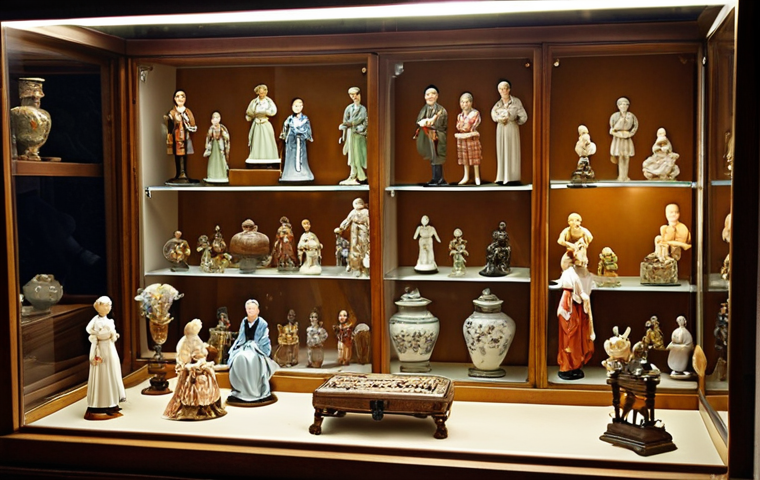 **A beautifully lit glass display case filled with meticulously preserved antique figurines. Focus on details like the materials (porcelain, wood, plastic) and the soft lighting enhancing their features. The background should be a clean, organized collector's room.**