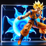 A high-quality, S.H. Figuarts-style Dragon Ball Super Saiyan Goku figure in a powerful, dynamic pose, mid-Kamehameha charge. Emphasize the meticulously sculpted, spiky golden hair with detailed shading, taut musculature, and a vibrant, translucent blue energy aura effect. The figure is strategically displayed on a clear stand within a minimalist, dark display case, illuminated by dramatic warm LED backlighting to highlight its exquisite craftsmanship and intense presence. SD quality.