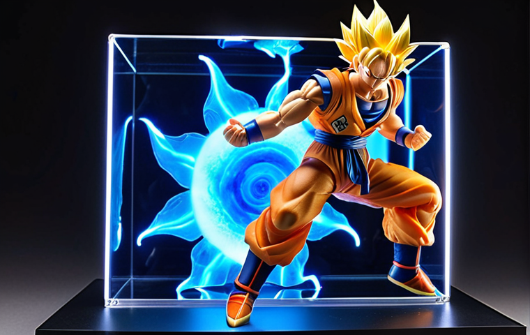 A high-quality, S.H. Figuarts-style Dragon Ball Super Saiyan Goku figure in a powerful, dynamic pose, mid-Kamehameha charge. Emphasize the meticulously sculpted, spiky golden hair with detailed shading, taut musculature, and a vibrant, translucent blue energy aura effect. The figure is strategically displayed on a clear stand within a minimalist, dark display case, illuminated by dramatic warm LED backlighting to highlight its exquisite craftsmanship and intense presence. SD quality.