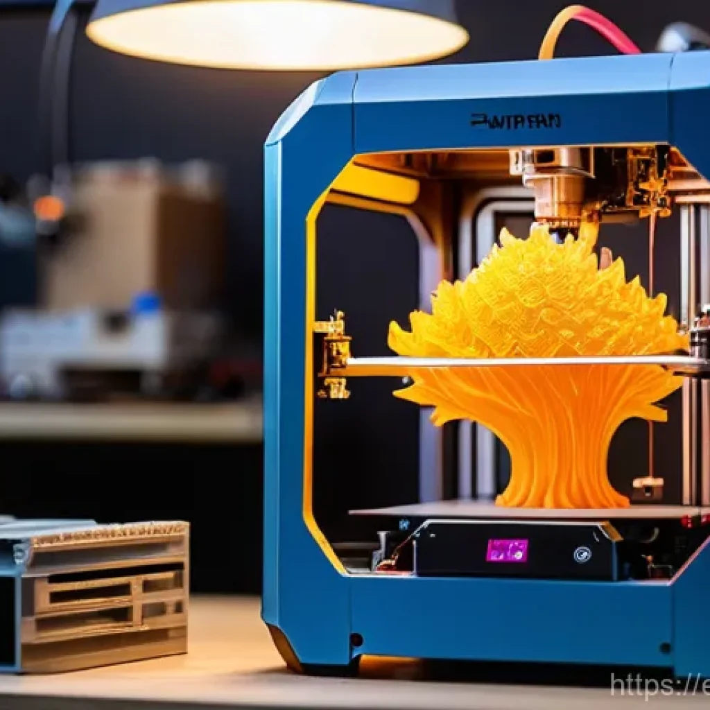 3D 프린팅으로 만드는 피규어 - A close-up shot of an FDM 3D printer in action, with a glowing nozzle extruding filament layer by la...