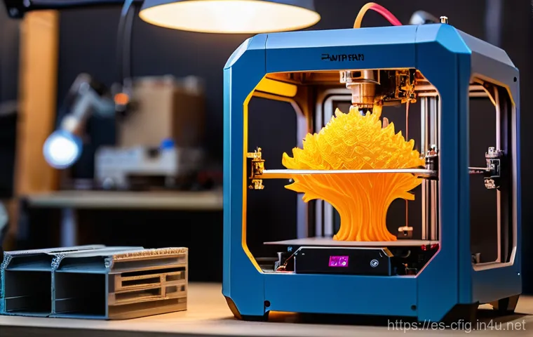 3D 프린팅으로 만드는 피규어 - A close-up shot of an FDM 3D printer in action, with a glowing nozzle extruding filament layer by la...