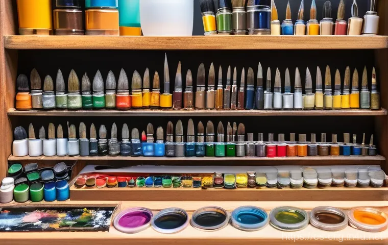 피규어 도색 도구 선택 팁 - **Prompt:** An artistic wide shot depicting a miniature painter, of ambiguous gender, expertly using...