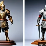 피규어 무게 중심 안정화 방법 - A highly detailed resin sculpture of a tall warrior figure standing firmly on a wide, reinforced woo...