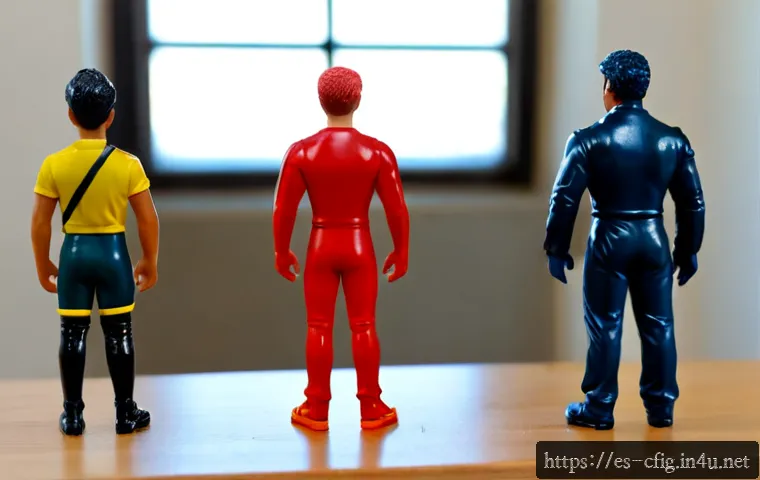 캐릭터 피규어의 재료와 특징 - Photorealistic tabletop comparison of three unbranded character figurines representing different mat...